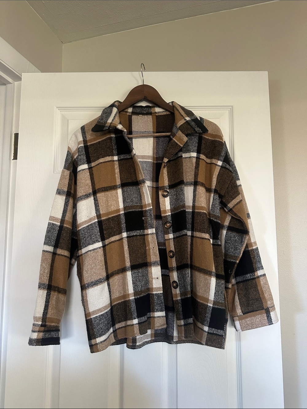 Amazon Plaid Teddy Shacket in Brown, Black & Cream